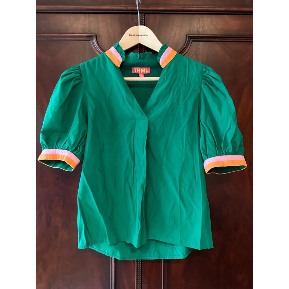 THML Pink and Orange Color Banded Kelly Green Blouse Puff Sleeves XS